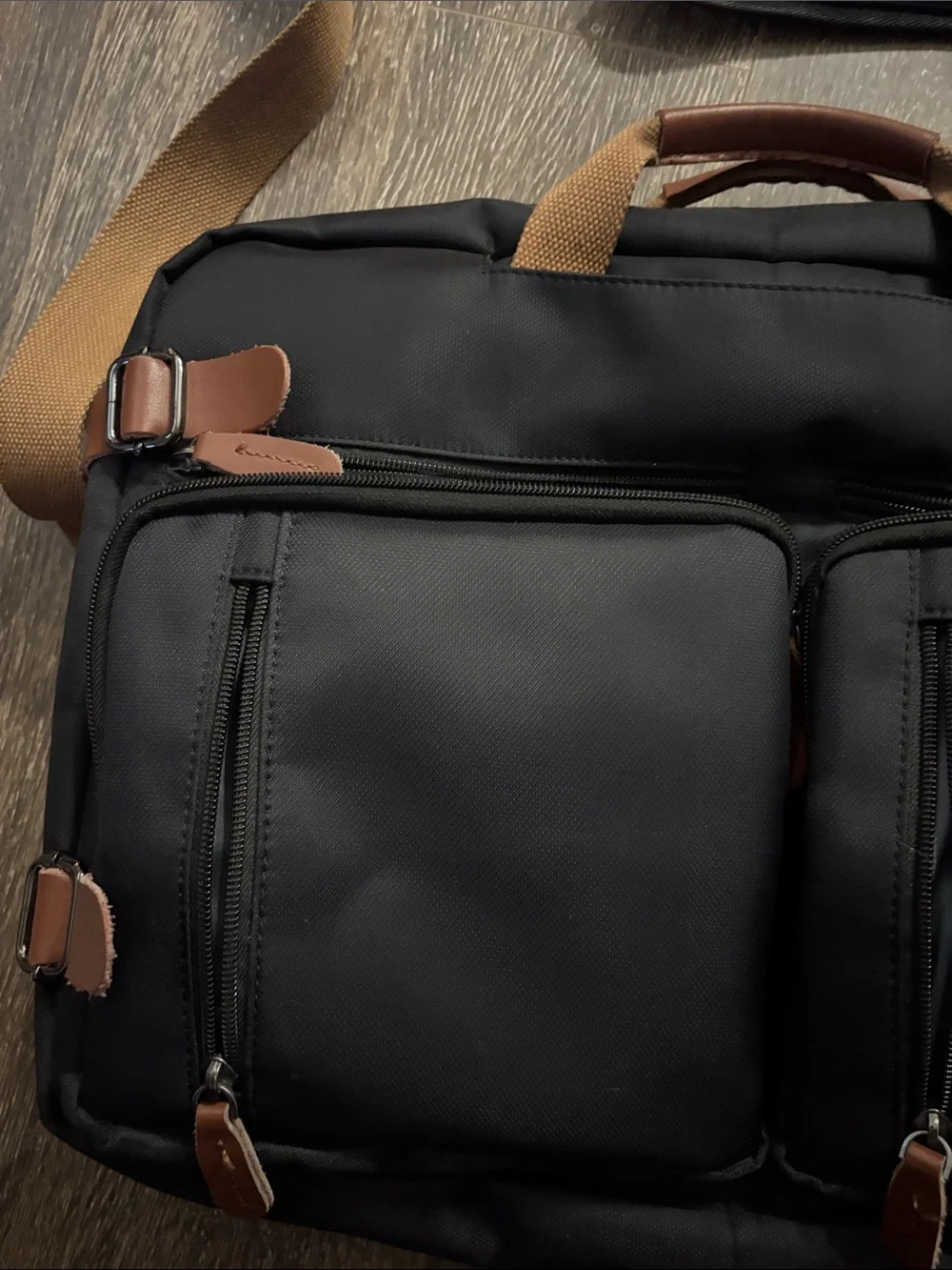 Convertible Black Briefcase Messenger Bag w/ Tan Accents hidden backpack straps
